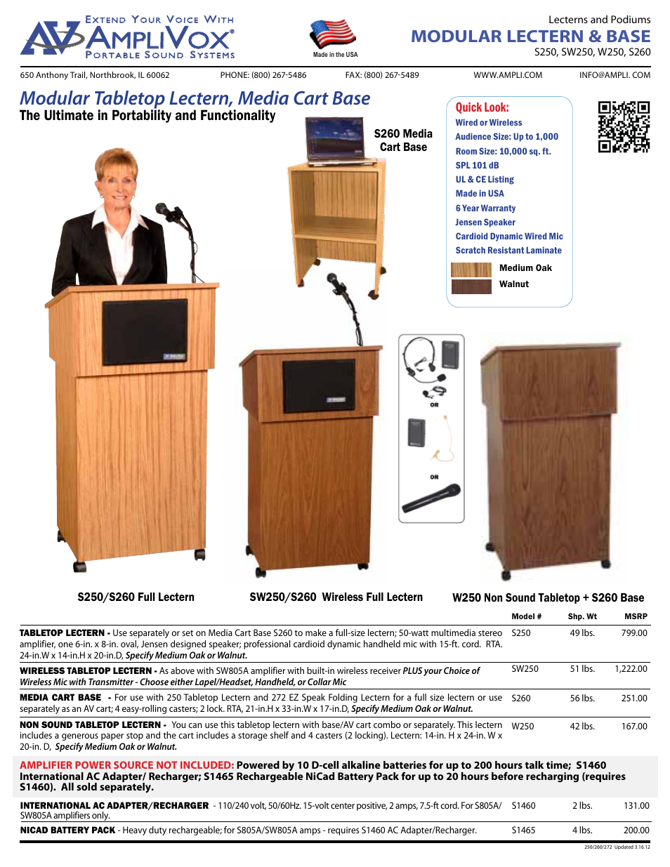 AmpliVox Modular Lectern S260 User Manual | 2 pages