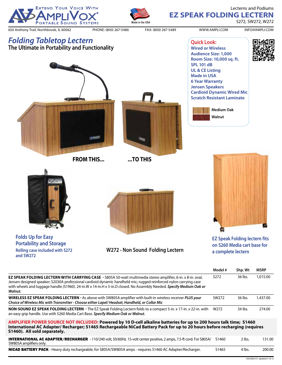 Folding tabletop lectern, Ez speak folding lectern, The ultimate in portability and functionality | W272 - non sound folding lectern, Quick look, Folds up for easy portability and storage | AmpliVox Modular Lectern S260 User Manual | Page 2 / 2