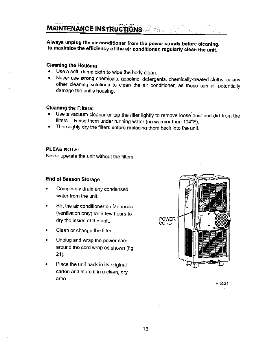 Cleaning the housing, Cleaning the filters, Pleae note | End of season storage, Mainten an<ìé instruqtiqns | NewAir Portable Air Conditioner AC-10000E User Manual | Page 13 / 15