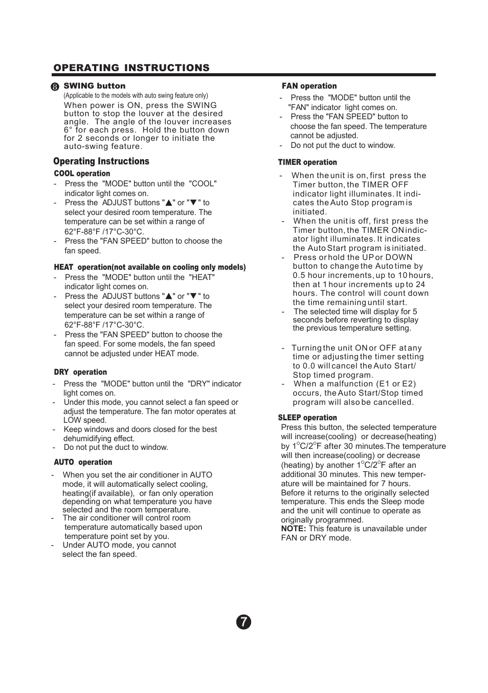 Т³гж 8, Operating instructions | NewAir Portaible Air Conditioner AC-12100E User Manual | Page 8 / 17