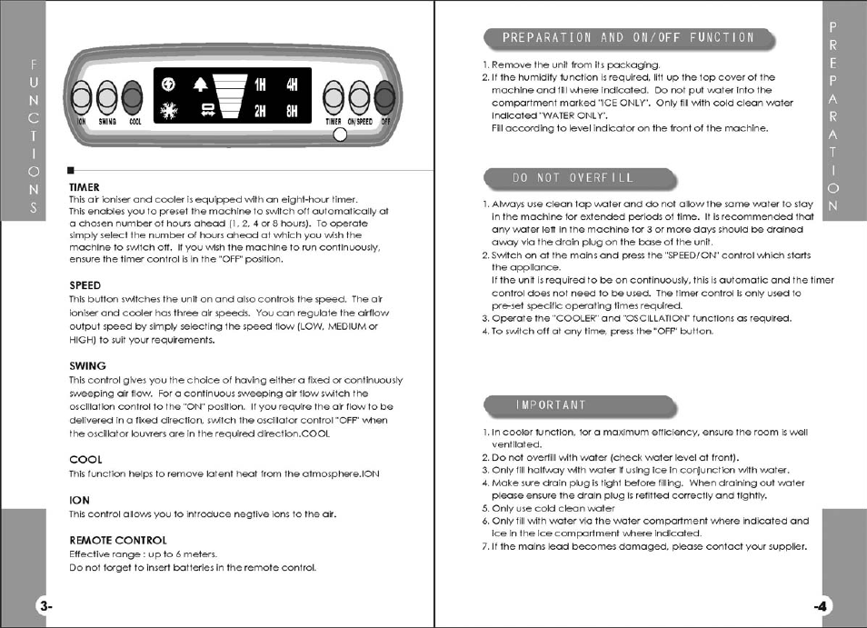 Preparation and on/off function | NewAir Air Cooler AF-330 User Manual | Page 3 / 4