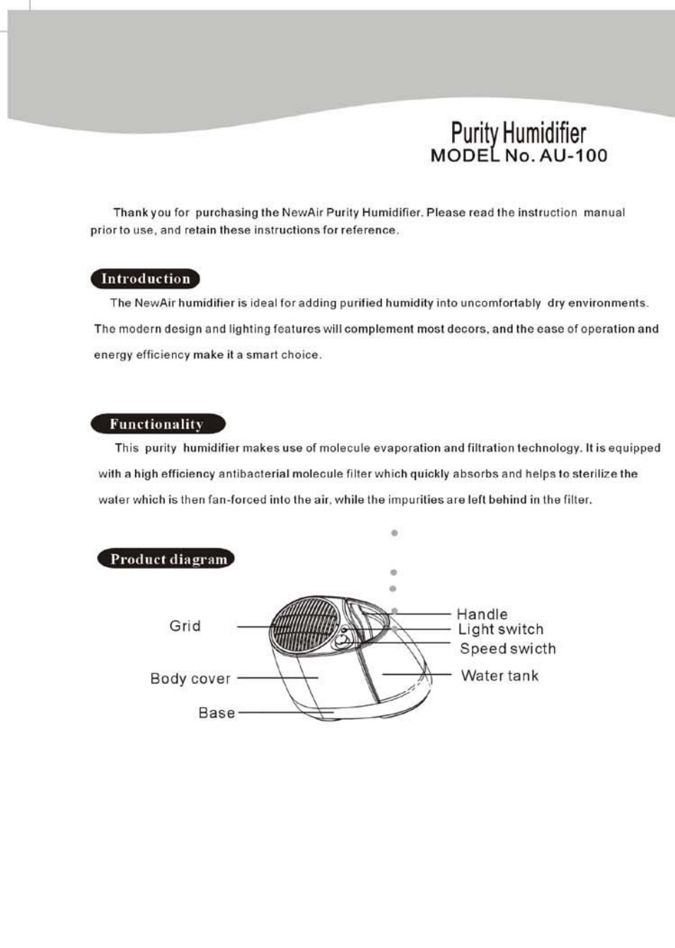 Purity humidifier | NewAir AU-100 User Manual | Page 2 / 4