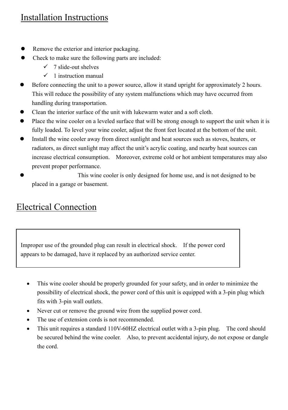 Installation instructions, Electrical connection | NewAir Thermoelectric Wine Cooler AW-210ED User Manual | Page 3 / 5