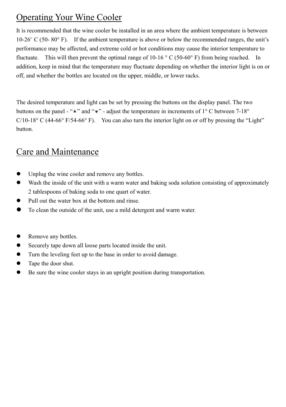 Operating your wine cooler, Care and maintenance | NewAir Thermoelectric Wine Cooler AW-210ED User Manual | Page 4 / 5