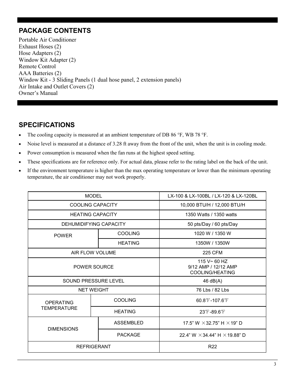 Specifications, Package contents | NewAir LX-100 User Manual | Page 3 / 14