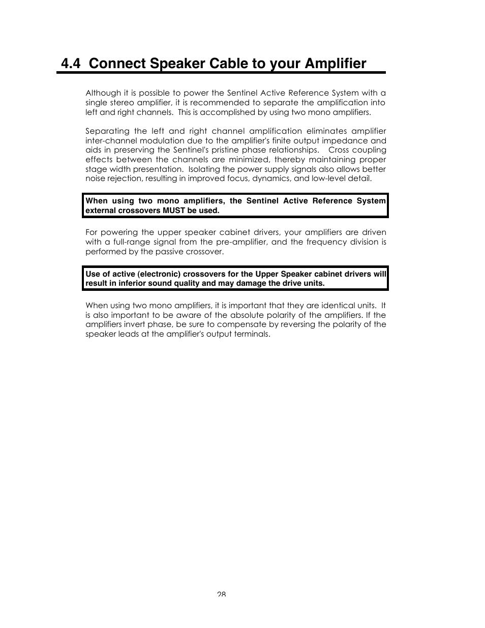 4 connect speaker cable to your amplifier | Avalon Acoustics Sentinel User Manual | Page 28 / 67