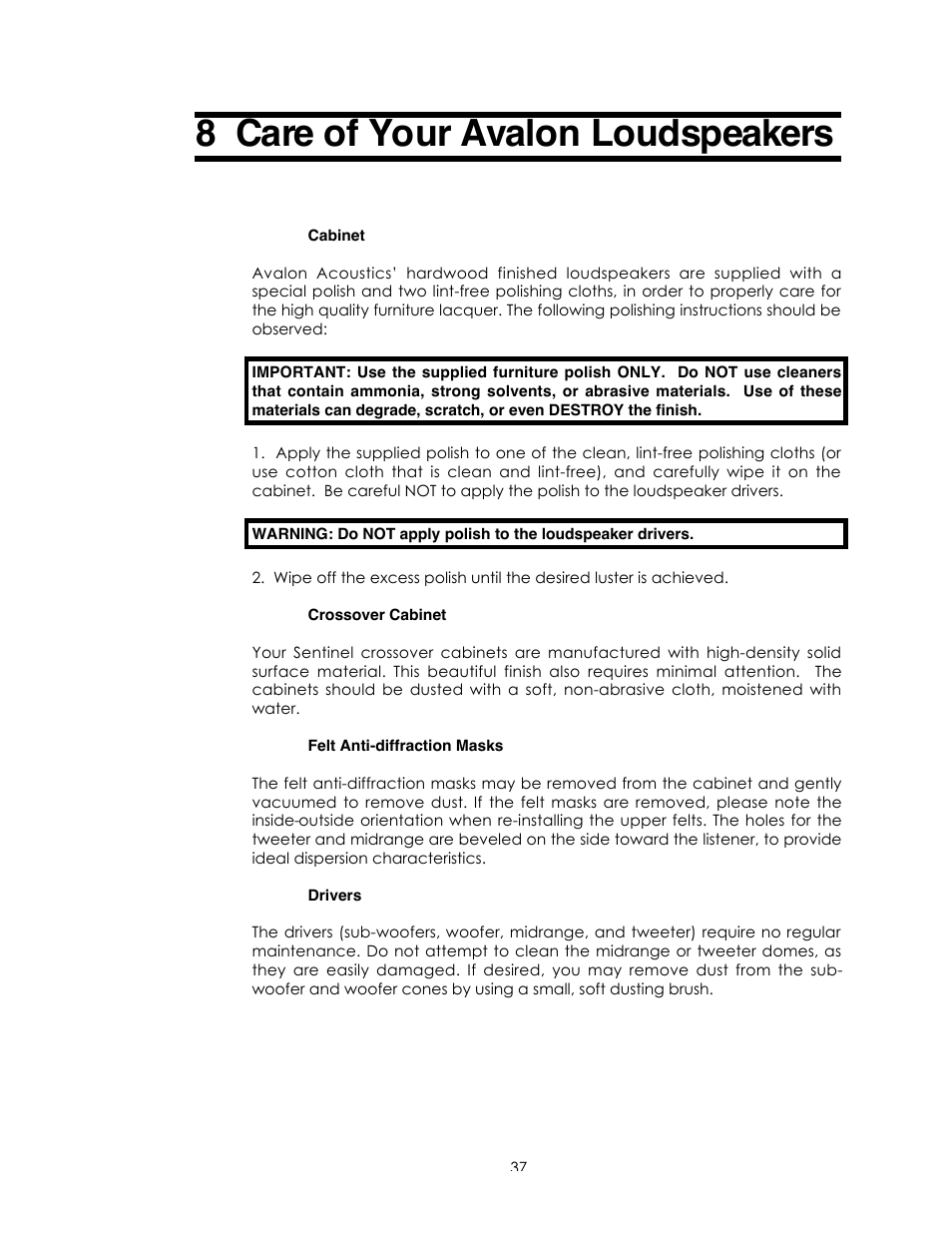 8 care of your avalon loudspeakers | Avalon Acoustics Sentinel User Manual | Page 37 / 67