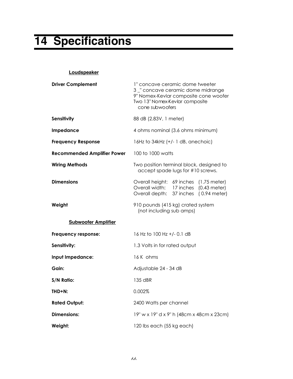 14 specifications | Avalon Acoustics Sentinel User Manual | Page 66 / 67