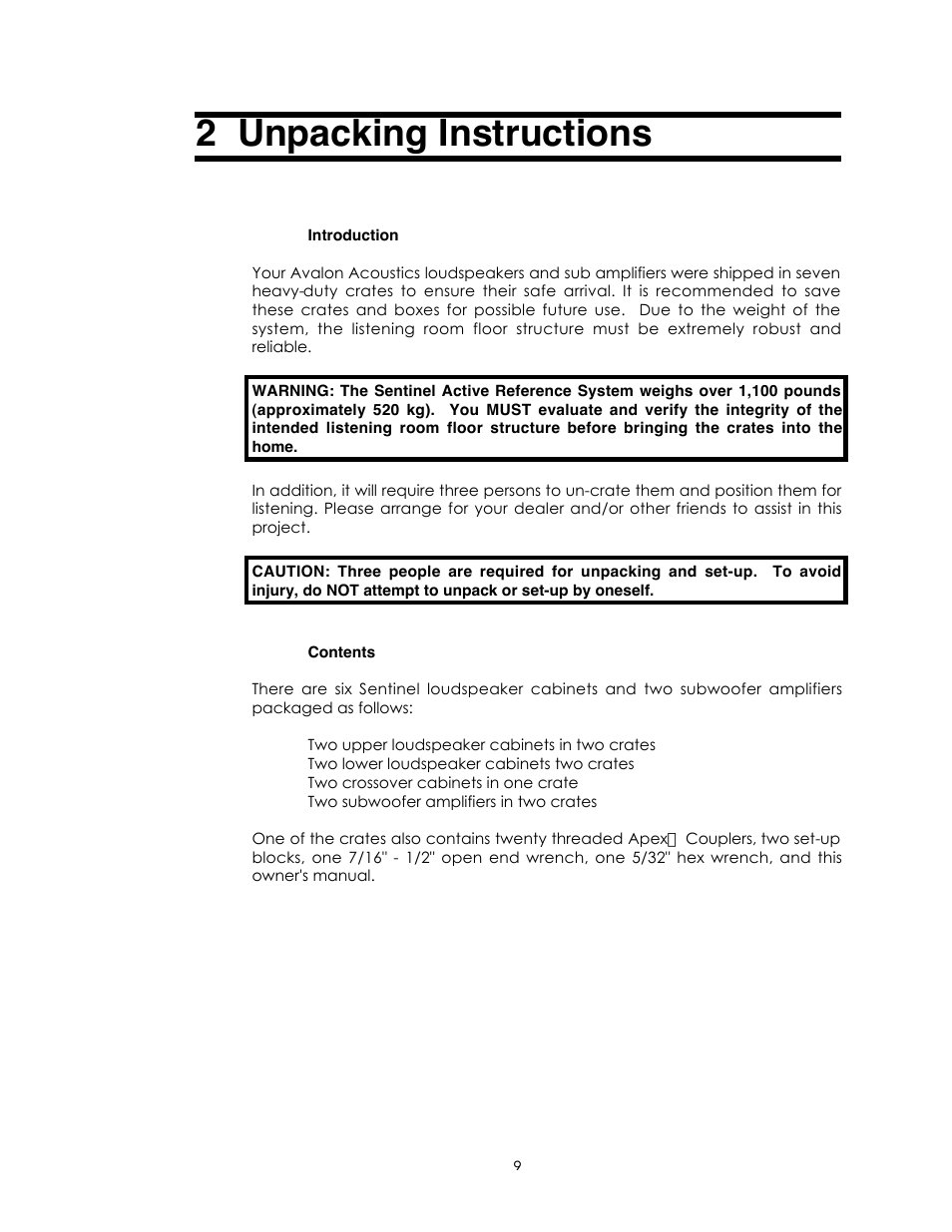 2 unpacking instructions | Avalon Acoustics Sentinel User Manual | Page 9 / 67