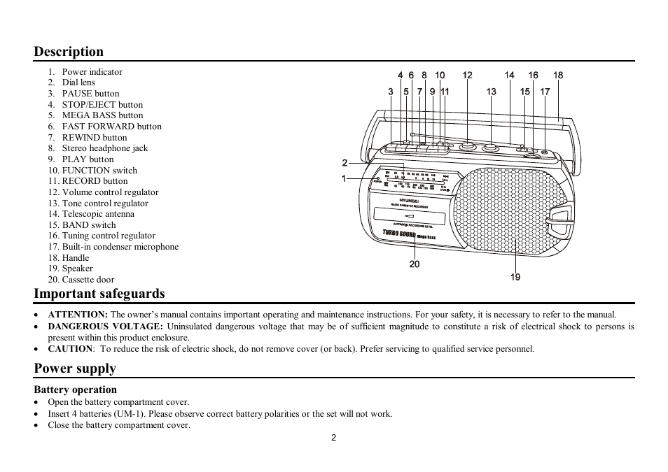Description, Important safeguards, Power supply | Hyundai H-1002 User Manual | Page 2 / 9
