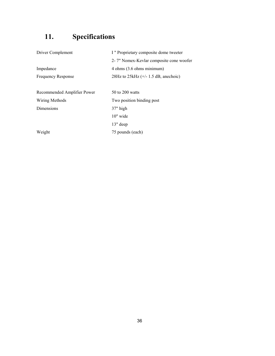 Specifications | Avalon Acoustics AVALON ASCENDANT User Manual | Page 36 / 37