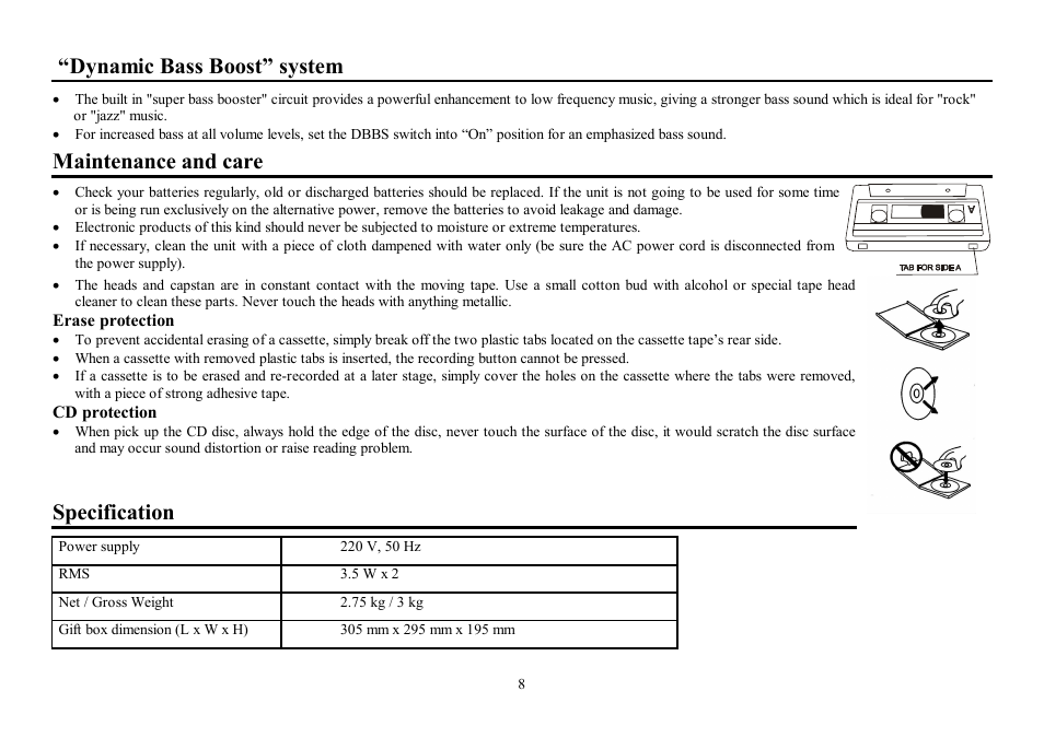 Dynamic bass boost system, Maintenance and care, Specification | Hyundai H-1411 User Manual | Page 8 / 16