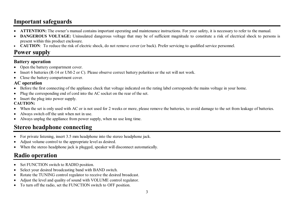 Important safeguards, Power supply, Stereo headphone connecting | Radio operation | Hyundai H-1414 User Manual | Page 3 / 9