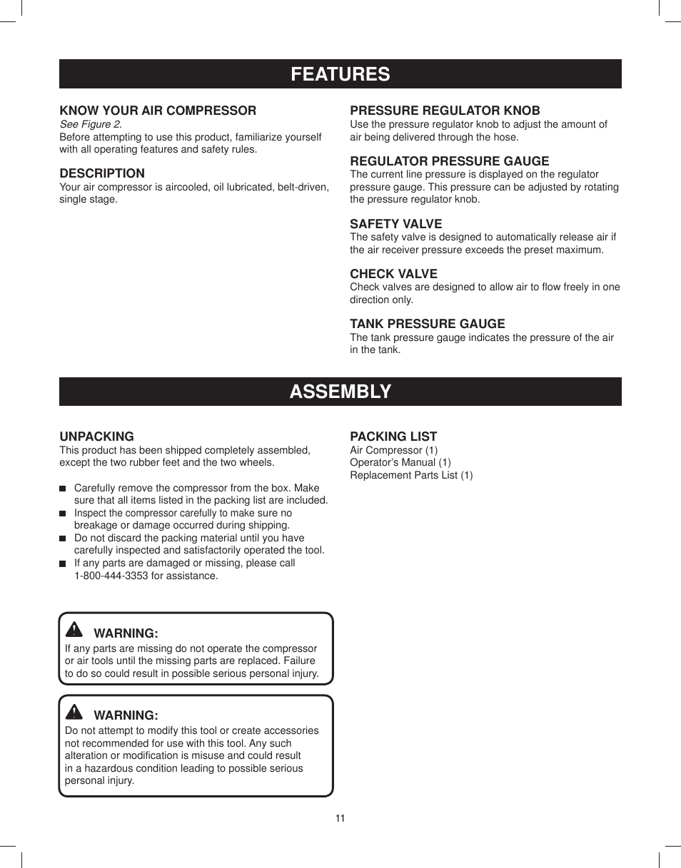 Pressure regulator knob, Regulator pressure gauge, Safety valve | Check valve, Tank pressure gauge, Unpacking, Packing list, Ak warning, Mk warning, Features | Astro Pneumatic 29 Gallon Belt Driven Air Compressor 68127 User Manual | Page 11 / 26