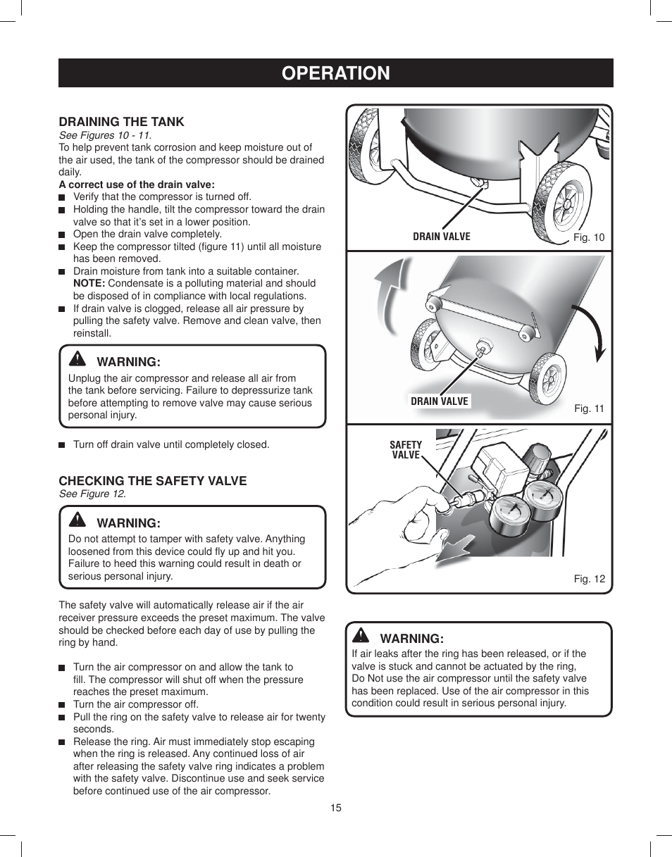 Draining the tank, Checking the safety valve, Operation | Astro Pneumatic 29 Gallon Belt Driven Air Compressor 68127 User Manual | Page 15 / 26