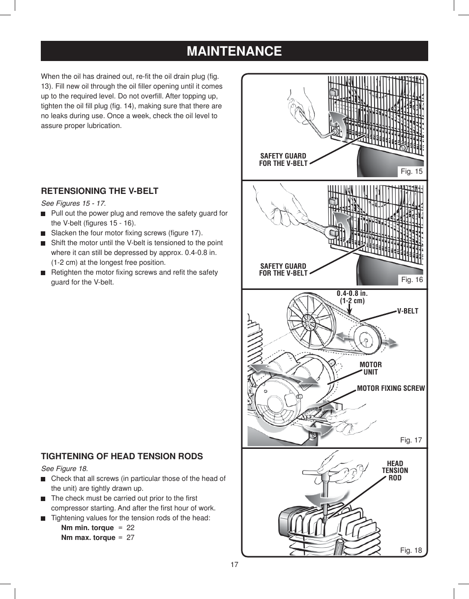 Retensioning the v-belt, Tightening of head tension rods, Maintenance | Astro Pneumatic 29 Gallon Belt Driven Air Compressor 68127 User Manual | Page 17 / 26