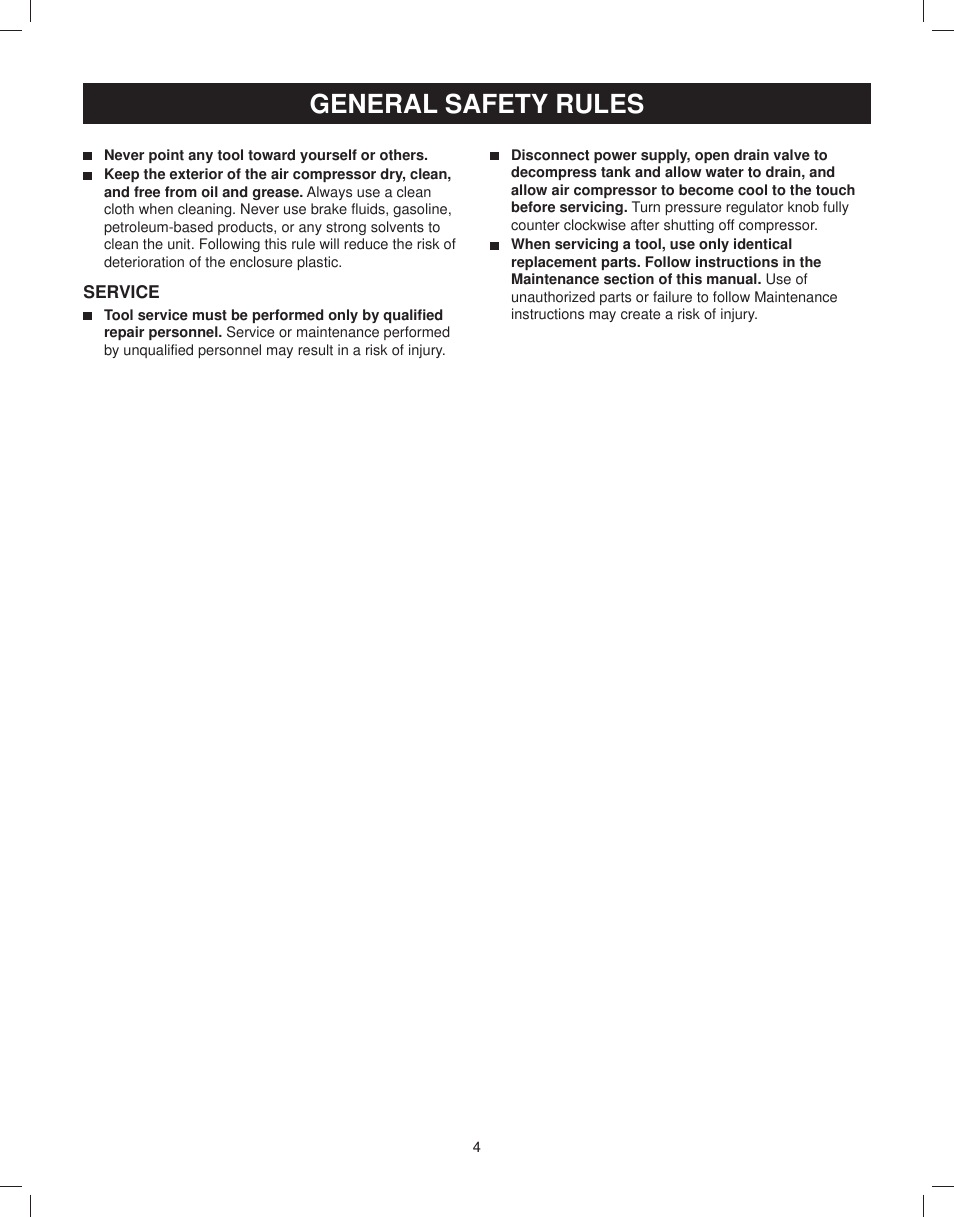 Service, General safety rules | Astro Pneumatic 29 Gallon Belt Driven Air Compressor 68127 User Manual | Page 4 / 26