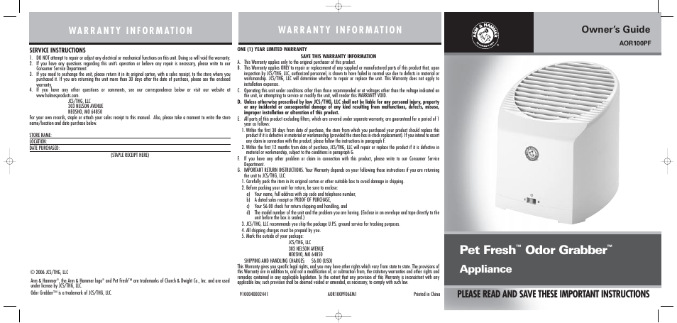 Arm & Hammer PET FRESH AOR100PF User Manual | 2 pages
