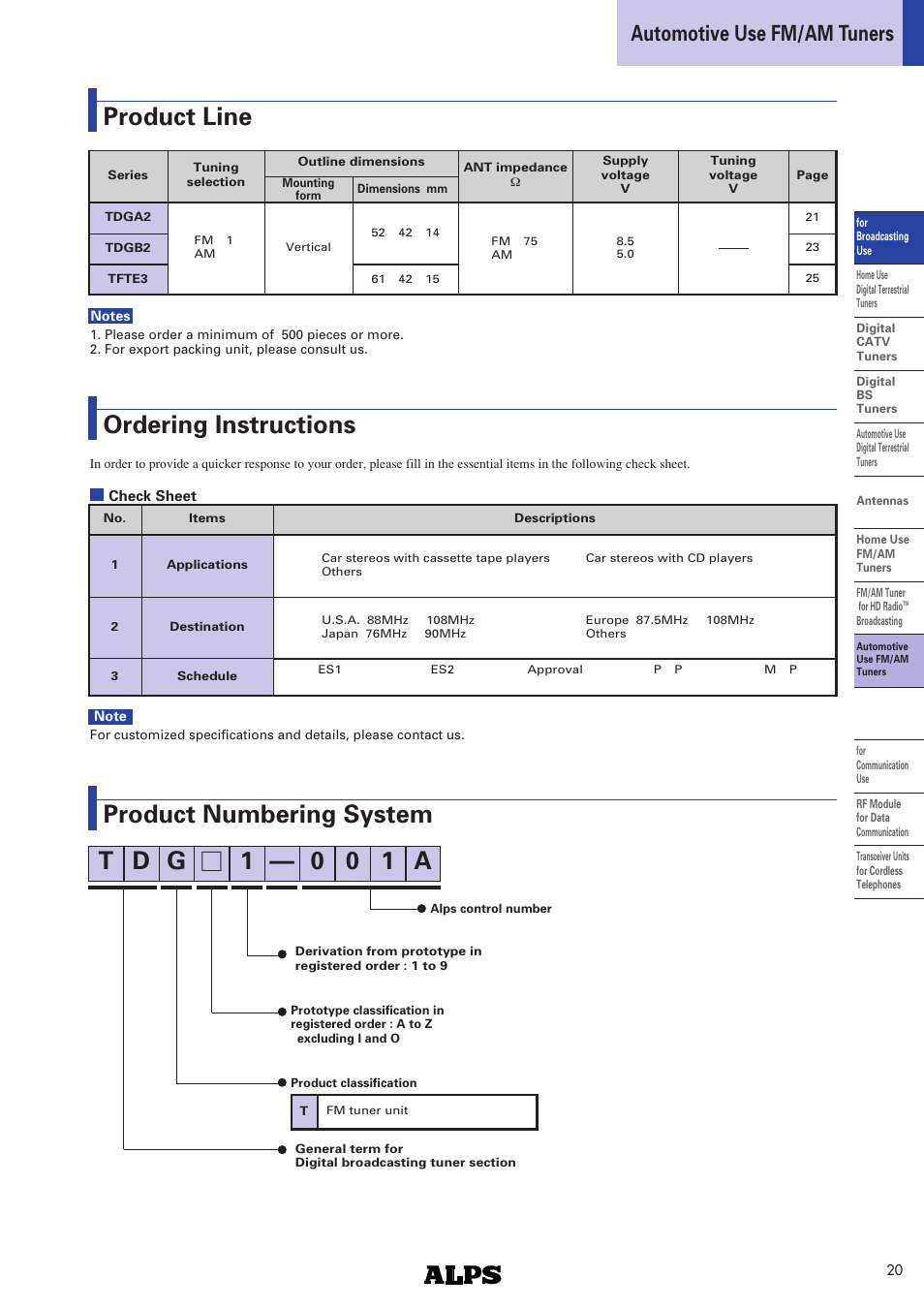 Ordering instructions, Products numbering system, Automotive use fm/am tuners | Alps Electric TDGB2 Series User Manual | Page 3 / 3