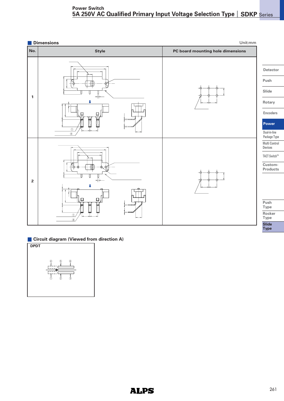 Dimensions, Series power switch, Circuit diagram (viewed from direction a) | Alps Electric SDKP Series User Manual | Page 2 / 3