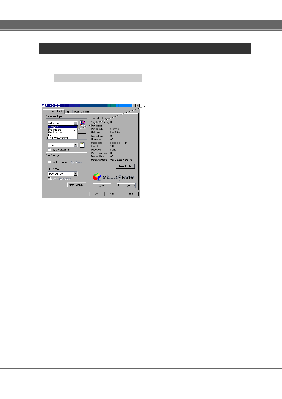 Settings in each tab, Document/quality tab | Alps Electric MD-5000P User Manual | Page 99 / 106