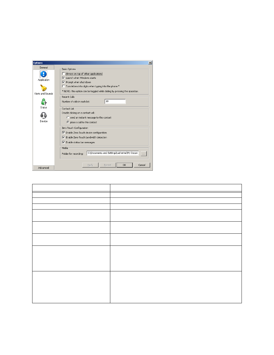 1 options, Options, E “options | Options – general – application | Actiontec electronic 1.5 Telephone User Manual | Page 34 / 70