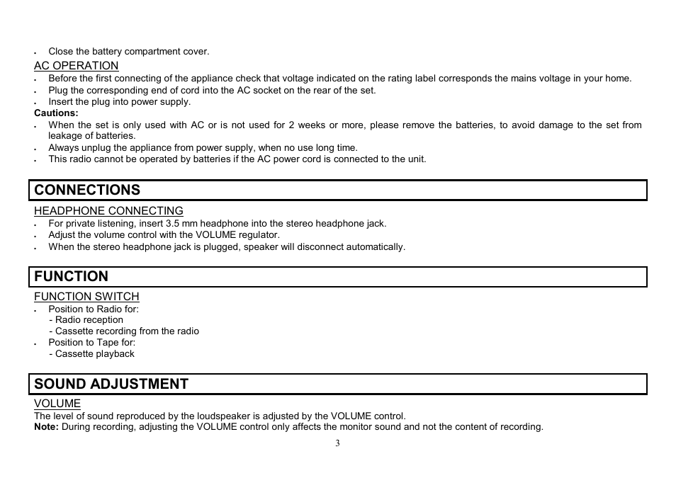 Connections, Function, Sound adjustment | Ac operation, Headphone connecting, Function switch, Volume | Hyundai H-1004 User Manual | Page 3 / 13