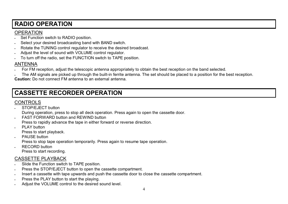 Radio operation, Cassette recorder operation, Operation | Antenna, Controls, Cassette playback | Hyundai H-1004 User Manual | Page 4 / 13
