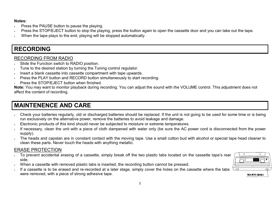 Recording, Maintenence and care, Recording from radio | Erase protection | Hyundai H-1004 User Manual | Page 5 / 13