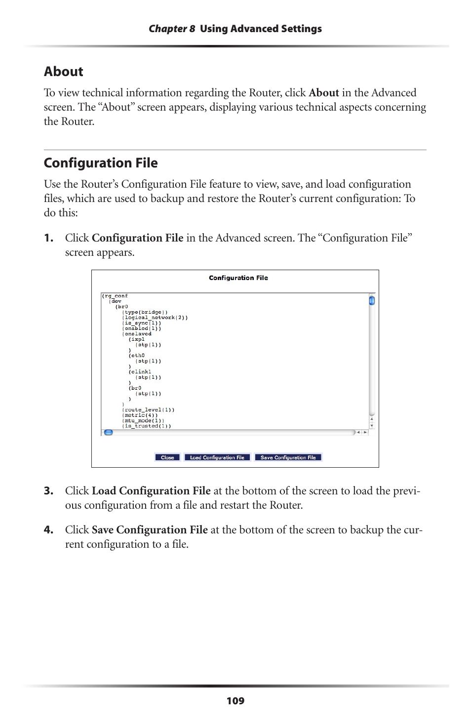 About, Configuration file, 109 configuration file | Actiontec MI424WR (GigE) User Manual | Page 112 / 171