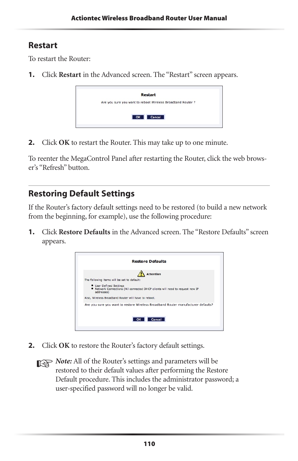 Restart, Restoring default settings, 110 restoring default settings | Actiontec MI424WR (GigE) User Manual | Page 113 / 171