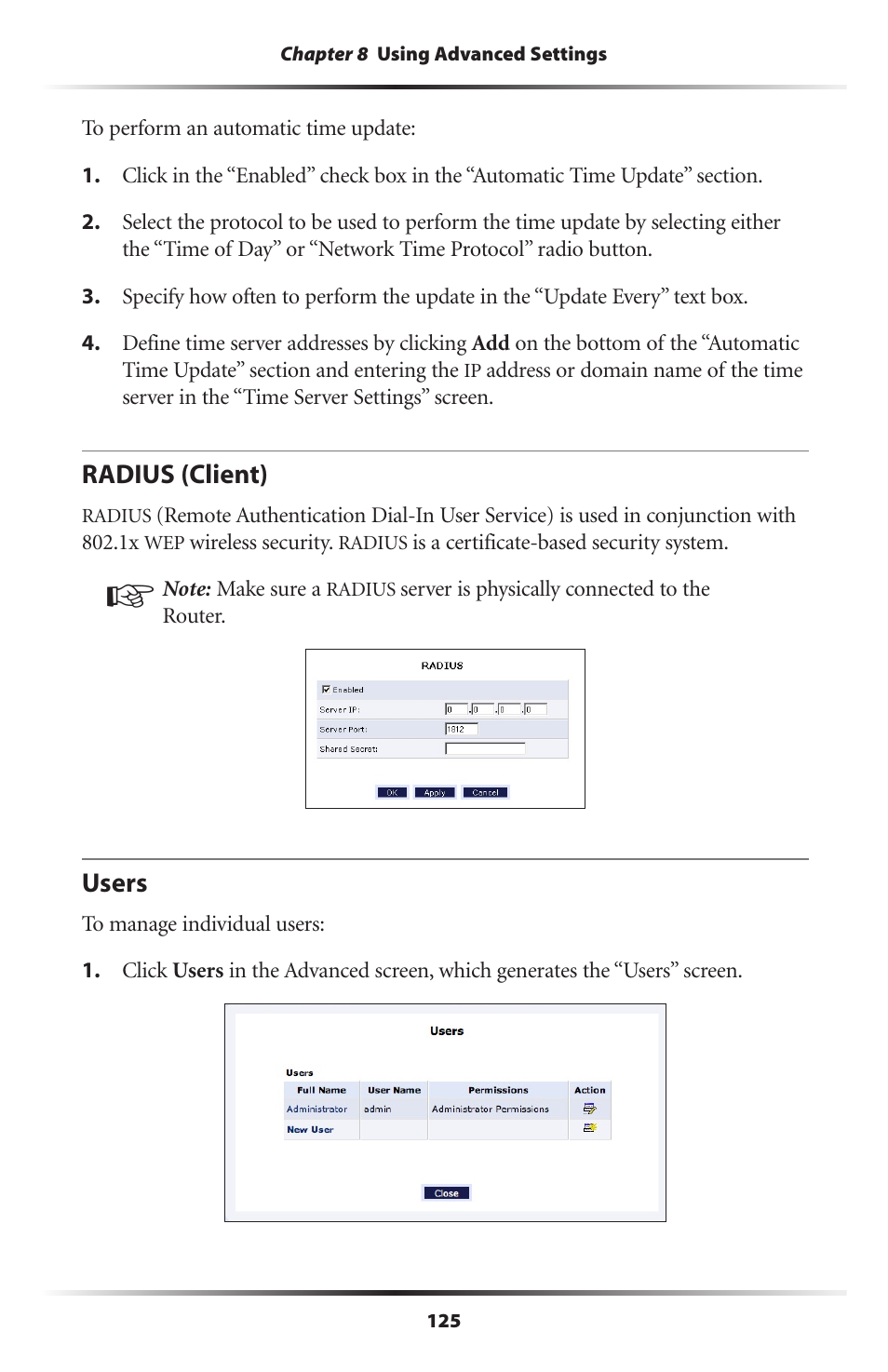 Radius (client), Users, 125 users | Actiontec MI424WR (GigE) User Manual | Page 128 / 171