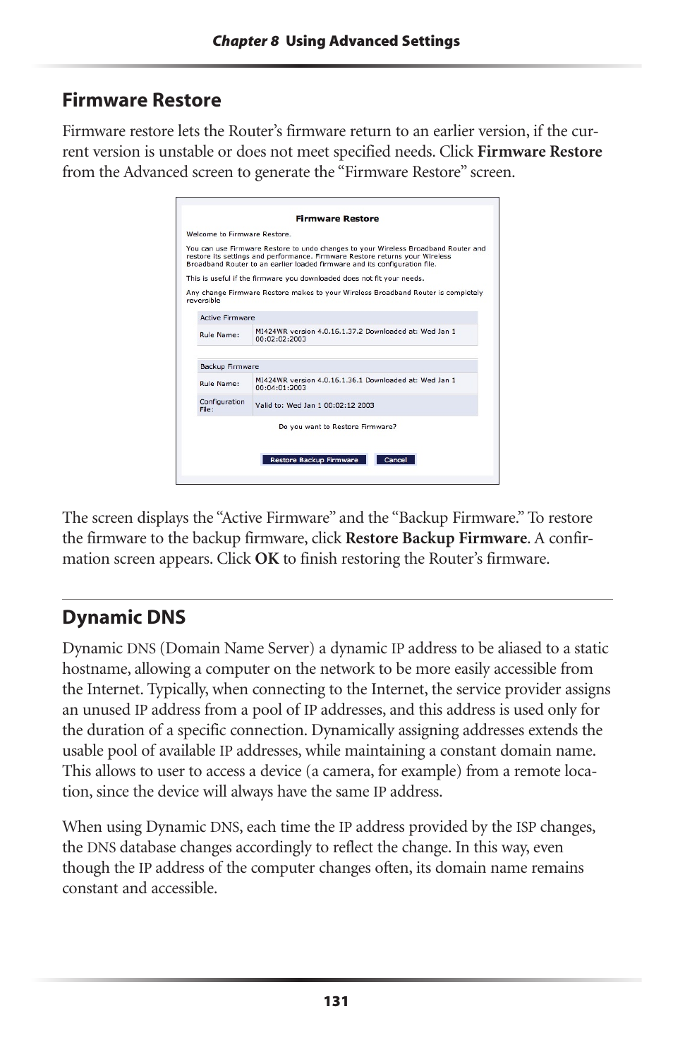 Firmware restore, Dynamic dns, 131 dynamic dns | Actiontec MI424WR (GigE) User Manual | Page 134 / 171