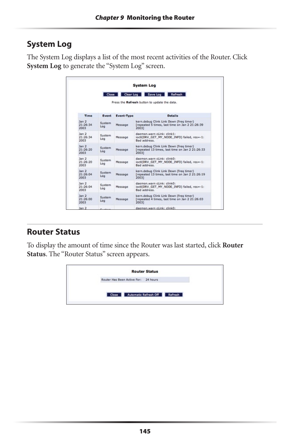 System log, Router status, 145 router status | Actiontec MI424WR (GigE) User Manual | Page 148 / 171