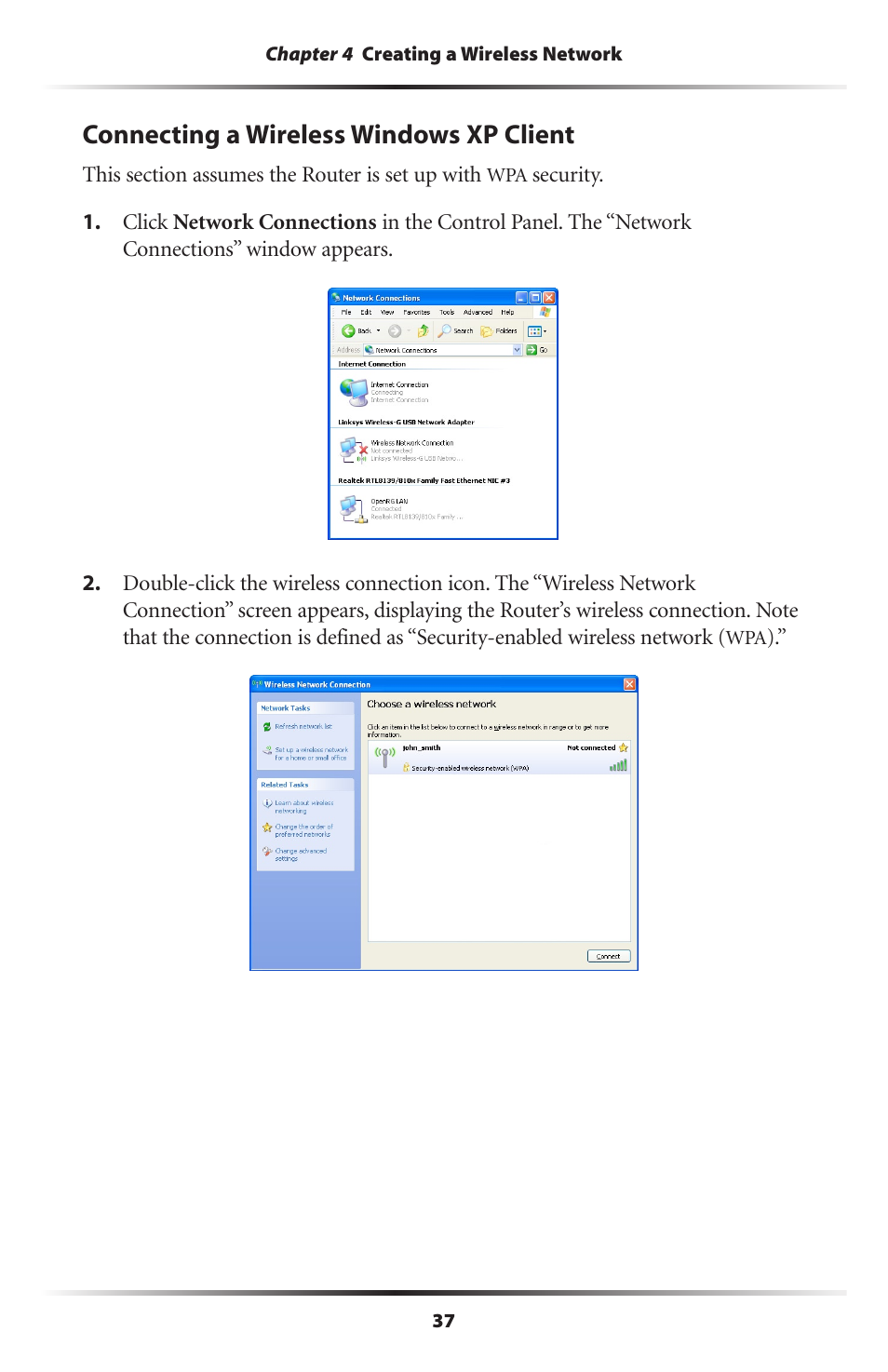 Connecting a wireless windows xp client | Actiontec MI424WR (GigE) User Manual | Page 40 / 171