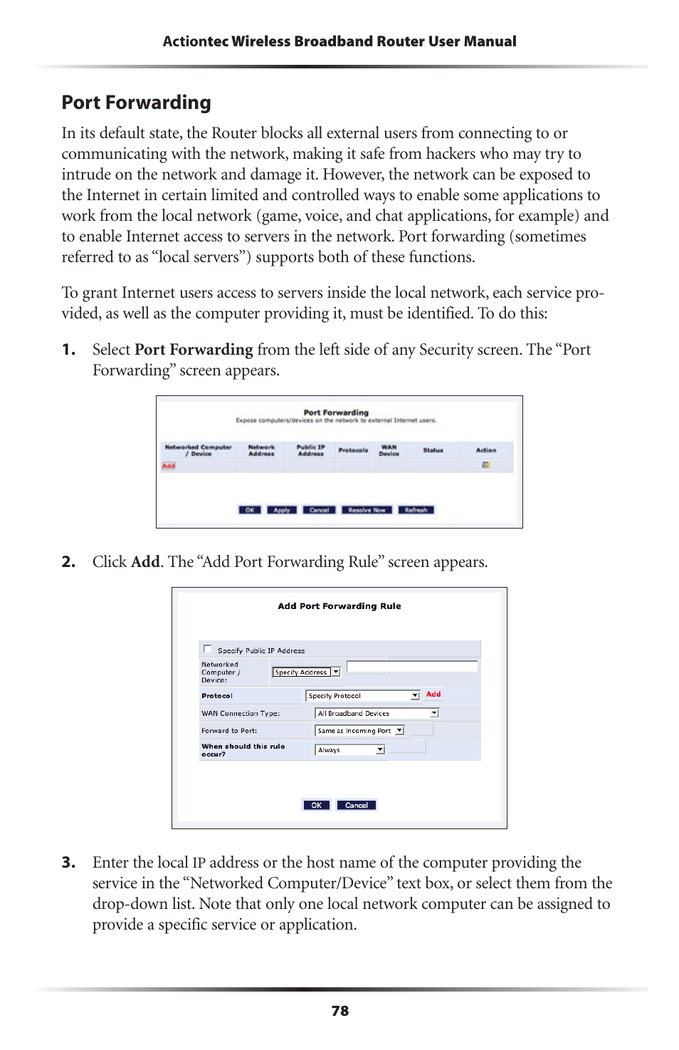 Port forwarding | Actiontec MI424WR (GigE) User Manual | Page 81 / 171