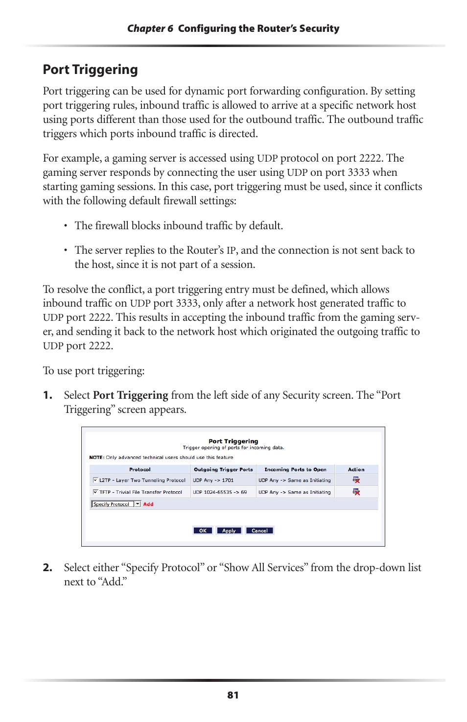 Port triggering | Actiontec MI424WR (GigE) User Manual | Page 84 / 171