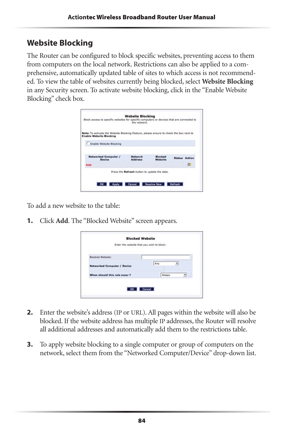 Website blocking | Actiontec MI424WR (GigE) User Manual | Page 87 / 171