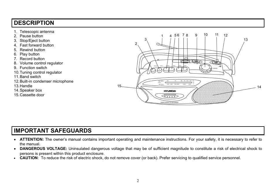 Description, Important safeguards | Hyundai H-1003 User Manual | Page 2 / 13