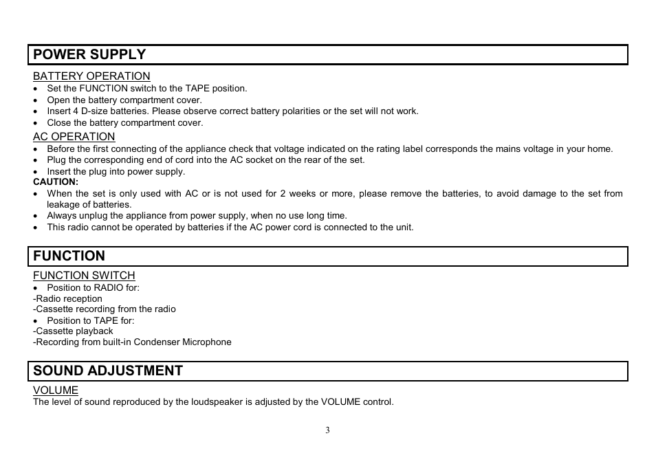 Power supply, Function, Sound adjustment | Hyundai H-1003 User Manual | Page 3 / 13