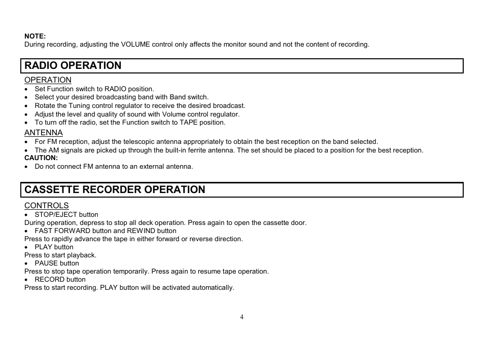 Radio operation, Cassette recorder operation | Hyundai H-1003 User Manual | Page 4 / 13