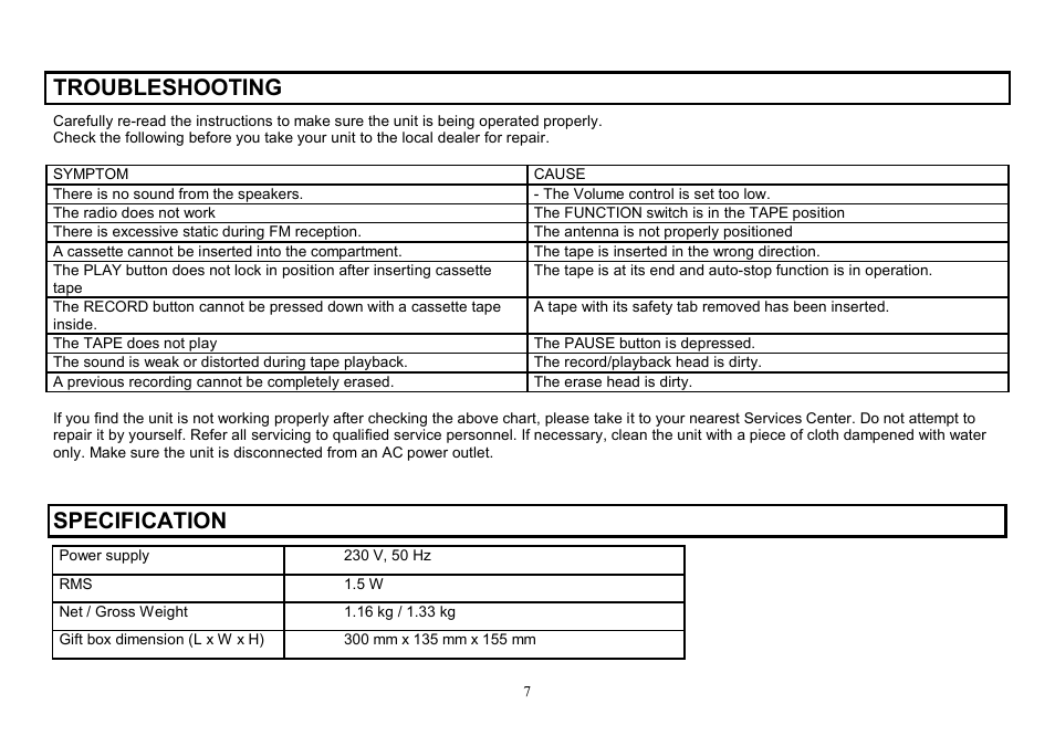 Troubleshooting, Specification | Hyundai H-1003 User Manual | Page 7 / 13
