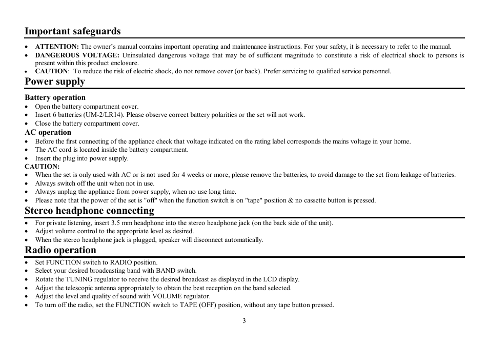 Important safeguards, Power supply, Stereo headphone connecting | Radio operation | Hyundai H-1409 User Manual | Page 3 / 15