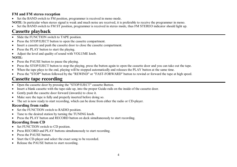 Cassette playback, Cassette tape recording | Hyundai H-1409 User Manual | Page 4 / 15