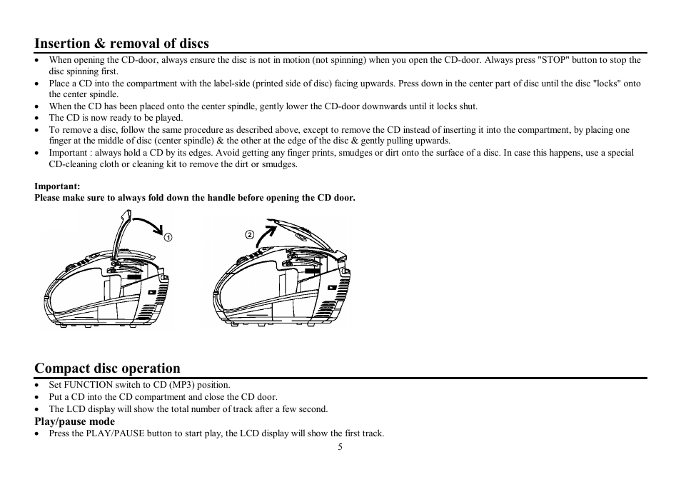 Insertion & removal of discs, Compact disc operation | Hyundai H-1409 User Manual | Page 5 / 15