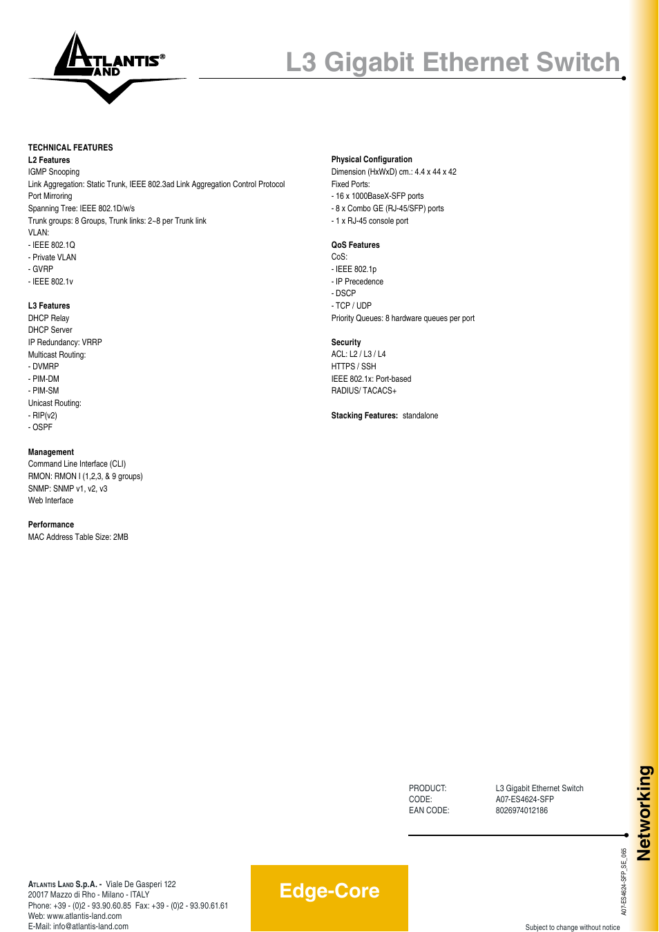 L3 gigabit ethernet switch, Edge-core, Networking | Atlantis Land A07-ES4624-SFP User Manual | Page 2 / 2