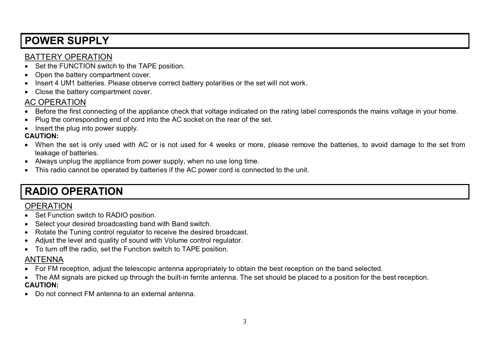 Power supply, Radio operation | Hyundai H-1005 User Manual | Page 3 / 11