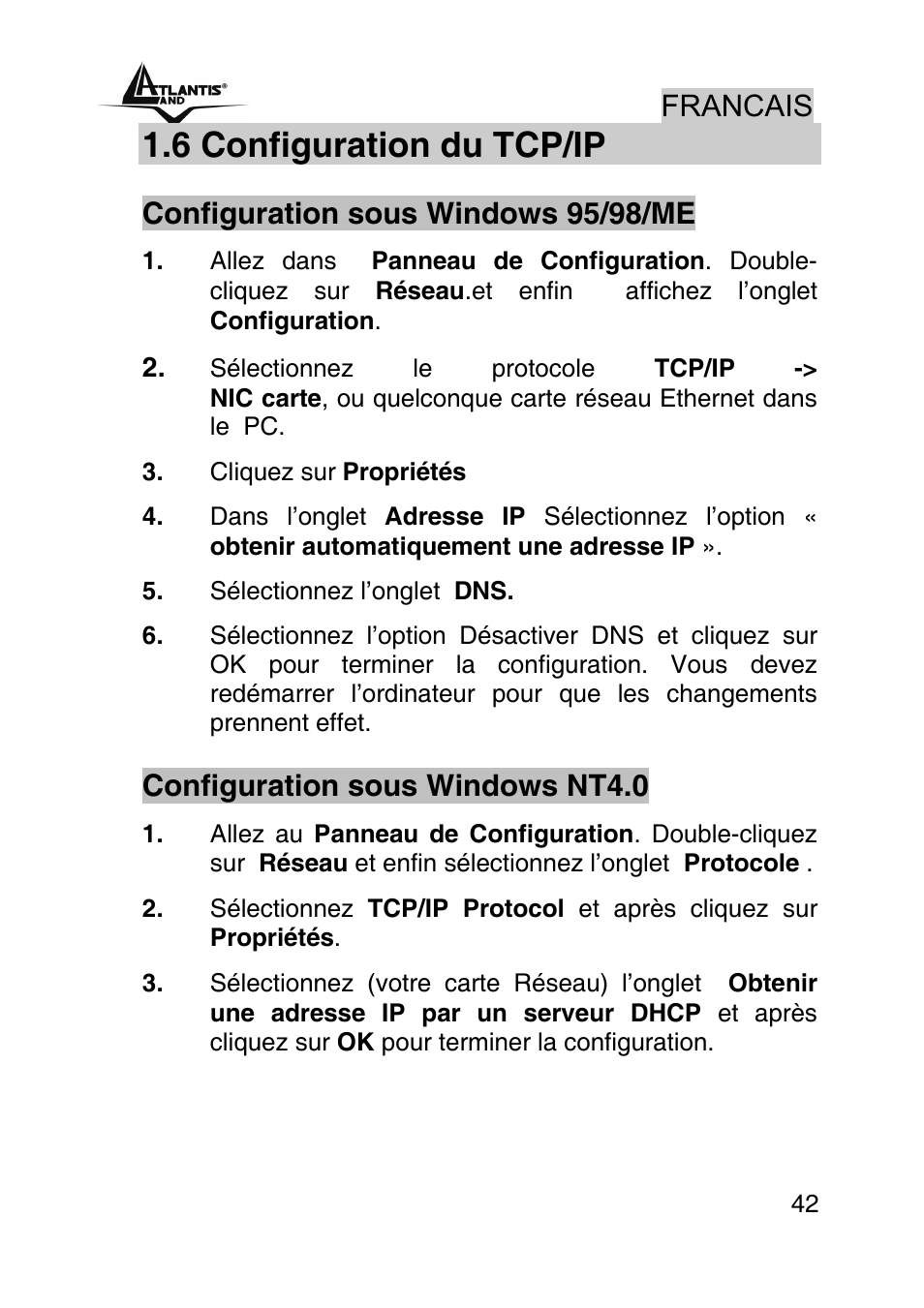 6 configuration du tcp/ip, Francais, Configuration sous windows 95/98/me | Configuration sous windows nt4.0 | Atlantis Land WEBSHARE A02-RA241 User Manual | Page 42 / 78