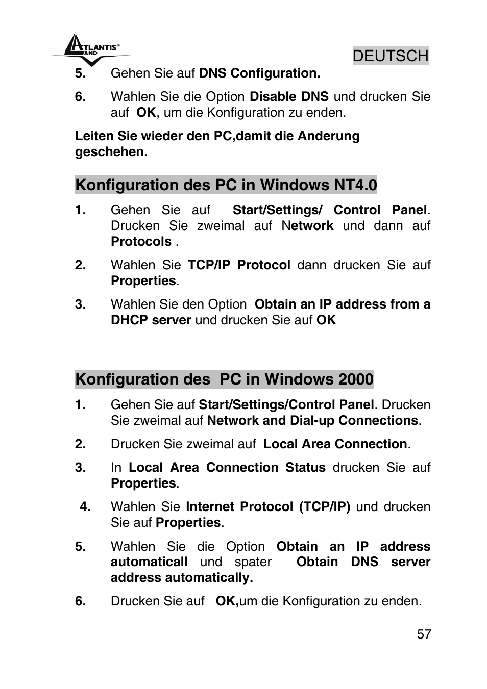 Deutsch, Konfiguration des pc in windows nt4.0, Konfiguration des pc in windows 2000 | Atlantis Land WEBSHARE A02-RA241 User Manual | Page 57 / 78