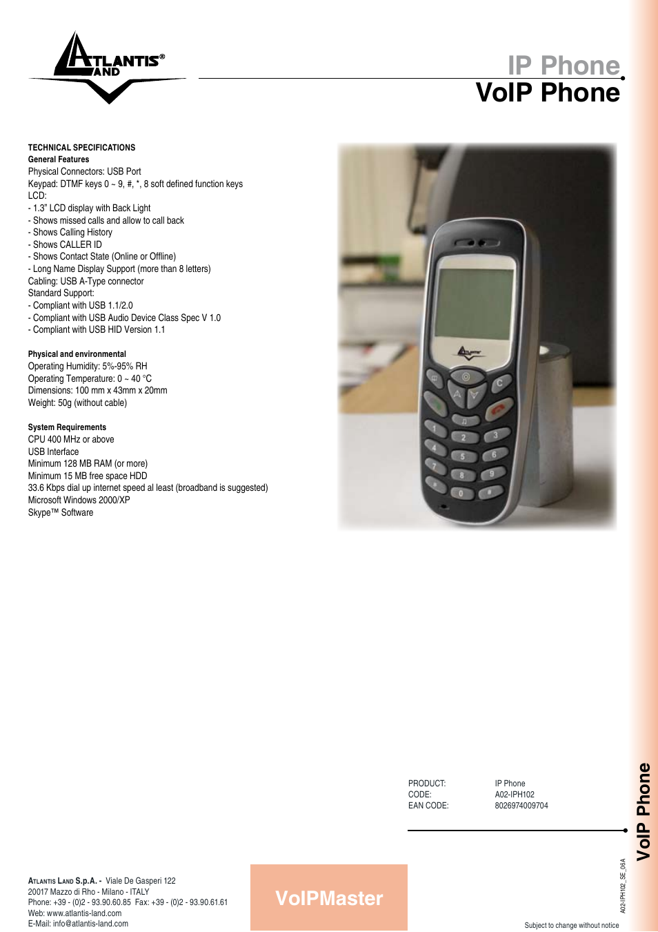 Ip phone voip phone, Voipmaster, Voip phone | Atlantis Land A02-IPH102 User Manual | Page 2 / 2